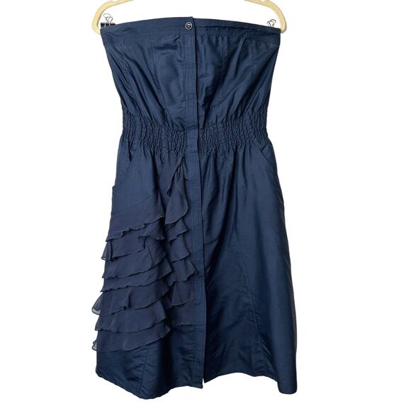 Modern Amusement Cute Strapless Navy Button Down Tiered Ruffle Dress 100% Silk 6 - Picture 1 of 14